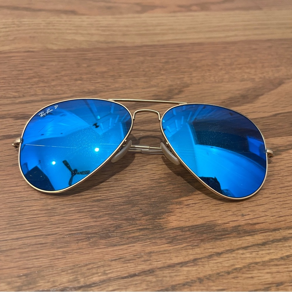 Ray-Ban Gold Aviator Sunglasses with Blue Lenses